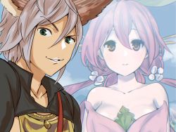 Rule 34 | 10s, 1boy, 1girl, animal ears, blurry, brown eyes, cloud, cloudy sky, colorized, dark skin, elsam (granblue fantasy), granblue fantasy, green eyes, hair between eyes, monster girl, outdoors, plant girl, purple hair, rurya niji, selfie, sky, smile, twintails, white hair, yggdrasil (granblue fantasy)