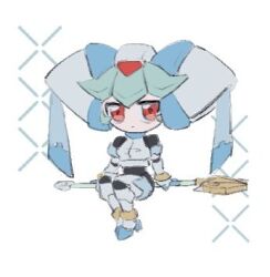 1girl armor chibi full_body green_hair helmet lemon_inu lowres mega_man_(series) mega_man_zx model_w_(mega_man) pandora_(mega_man) red_eyes riding sitting solo sparkle staff white_armor white_helmet