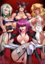 4girls abs animal_ears areola_slip armor artbook black_hair blue_eyes blunt_bangs blush bob_cut bodysuit boots bracelet breast_hold breasts cameltoe cat_ears cleavage cleavage_cutout clothing_cutout collar covered_erect_nipples crossed_arms crossed_legs curvy dark-skinned_female dark_skin elbow_gloves everyone eyeshadow facepaint facial_mark fake_animal_ears fingerless_gloves fishnets fukumen_sugata_no_onna_senshi garter_straps gloves green_hair grin hands_on_own_hips highleg highleg_leotard highres huge_breasts jewelry kagami_hirotaka knee_boots leotard lips long_hair looking_at_viewer makeup mature_female multiple_girls muscular muscular_female naughty_face no_bra nuye oboro_(taimanin_asagi) official_art open_bodysuit open_clothes open_shirt power_lady purple_eyes purple_hair shirt short_hair sitting skin_tight smile snake_lady spiked_bracelet spikes taimanin_(series) taimanin_asagi tattoo thighhighs thighs turtleneck underboob wrestler yellow_eyes