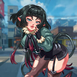 1girl absurdres animal_ears black_gloves black_hair black_shorts blue_eyes breasts brown_pantyhose commentary day english_commentary finger_to_mouth fingerless_gloves fingernails fur_collar fur_trim gamusaur garter_straps gloves gradient_hair grey_jacket high-waist_shorts highres jacket jane_doe_(zenless_zone_zero) leaning_forward lips long_hair long_sleeves looking_at_viewer mouse_ears mouse_girl mouse_tail multicolored_hair necktie outdoors pantyhose parted_lips red_hair red_nails sharp_fingernails shorts single_leg_pantyhose single_thighhigh skindentation sky smile solo tail thighhighs thighs torn_clothes torn_pantyhose torn_thighhighs two-tone_hair zenless_zone_zero