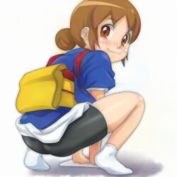 1girl ass backpack bag bike_shorts black_bike_shorts blue_kimono blush brown_eyes brown_hair clothes_lift from_behind hair_bun japanese_clothes kimono kimono_lift loli looking_at_viewer looking_back obi sash seki_oriko short_sleeves smile socks squatting t_jiroo_(ringofriend) waka_okami_wa_shougakusei! wash_cloth white_socks