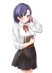 1girl absurdres b1ack_illust black_skirt blue_hair blush book braid breasts crown_braid highres holding holding_book hugging_book hugging_object idolmaster idolmaster_million_live! large_breasts looking_at_viewer nanao_yuriko neck_ribbon pleated_skirt red_ribbon ribbon school_uniform shirt simple_background skirt solo standing tucking_hair white_background white_shirt