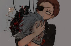 Rule 34 | 2boys, blood, brown hair, craigt love9019, evil morty, evil rick, eyepatch, formal clothes, grandfather and grandson, holding detached head, male focus, messy hair, morty smith, multiple boys, necktie, one eye covered, rick and morty, rick sanchez, severed head, shirt, short hair, spiked hair