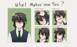 1boy absurdres black_hair blue_sweater_vest collared_shirt degrees_of_lewdity english_text green_eyes green_necktie hair_between_eyes highres kylar_(degrees_of_lewdity) kylar_(male)_(degrees_of_lewdity) multiple_views necktie red_pupils ru2786764357 shirt short_hair sweater_vest white_shirt
