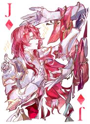 1boy absurdres argenti_(honkai:_star_rail) arm_up armor card closed_eyes cocoballking from_side hair_between_eyes hand_on_own_chest highres honkai:_star_rail honkai_(series) jack_(playing_card) jack_of_diamonds long_hair male_focus open_mouth plant playing_card red_hair solo upper_body vines