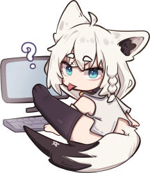 1girl ? animal_ears black_thighhighs blue_eyes braid closed_mouth computer fox fox_ears fox_girl fox_tail highres hololive long_hair miaoema shirakami_fubuki shirt solo tail thick_eyebrows thighhighs tongue tongue_out virtual_youtuber white_shirt
