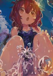 1girl :o absurdres blue_one-piece_swimsuit brown_eyes brown_hair folded_ponytail from_below hair_between_eyes highres holding holding_hose hose inazuma_(kancolle) kaamin_(mariarose753) kantai_collection looking_at_viewer medium_hair one-piece_swimsuit open_mouth outdoors sketch solo squatting swimsuit water wet