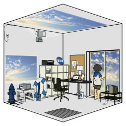 1girl akg barefoot black_hair chair cloud computer computer_keyboard diving_mask female_focus fire_hydrant flippers game_console goggles headphones innertube laptop oil-paper_umbrella original playstation_2 printer projector raglan_sleeves ruri_(uewtsol) short_hair sky solo swim_ring television trash_can uewtsol umbrella