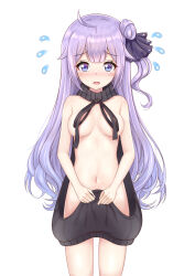 absurdres ahoge azur_lane backwards_virgin_killer_sweater black_sweater blush breasts commentary_request convenient_censoring flying_sweatdrops hair_bun hair_ornament highres long_hair looking_at_viewer medium_breasts meme_attire naked_sweater navel nose_blush partial_commentary purple_eyes purple_hair simple_background single_side_bun standing sweater tearing_up unicorn_(azur_lane) virgin_killer_sweater white_background zeukiar