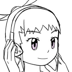1girl digimon hair_ornament hairpin happy heaphones makino_ruki partially_colored pixiv_user_(11374173) ponytail purple_eyes sketch smile