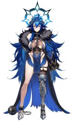 1girl ahoge armored_boots ball_and_chain_restraint black_bridal_gauntlets black_coat blue_coat blue_hair blue_nails blue_wings boots bridal_gauntlets broken_horn brown_eyes chain closed_mouth coat collar feather_boa feathered_wings hair_between_eyes halo hand_on_own_hip highres hominamia horns indie_virtual_youtuber leotard low_wings metal_collar oumiya_emma pelvic_curtain pointy_ears see-through_clothes see-through_leotard single_thigh_boot single_thighhigh smile solo thigh_boots thighhighs tiara torn_clothes torn_leotard two-sided_coat two-sided_fabric virtual_youtuber white_background wings
