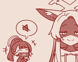 2girls anger_vein angry animal_ear_fluff animal_ears black_hair black_mask blank_eyes blue_archive blue_archive_the_animation blunt_bangs chibi crying delinquent forehead fox_ears halo hood hoodie laughing long_hair mask mouth_mask multiple_girls mute_speaker_sign nako775 pointing ponytail school_uniform seia_(blue_archive) shaded_face simple_background sukeban sukeban_(smg)_(blue_archive) surgical_mask very_long_hair x x_mark