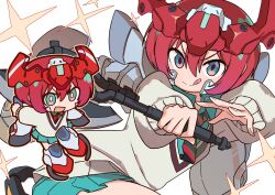 1girl :q absurdres amate_yuzuriha aqua_eyes aqua_shirt aqua_skirt armor axe blue_eyes blush breasts collared_shirt gquuuuuux gundam gundam_gquuuuuux headgear heat_hawk highres holding holding_axe long_sleeves looking_at_viewer mecha mecha_musume necktie open_mouth red_hair robot school_uniform shirt short_hair skirt smile solo sweater thrusters tongue tongue_out v-fin weapon white_background yuateheng