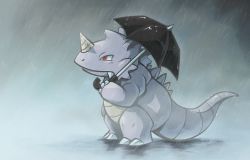 claws creature dark fangs from_side full_body gen_1_pokemon gen_2_pokemon holding holding_umbrella nintendo pokemon pokemon_(creature) profile rain rhydon solo standing thumpleweed umbrella