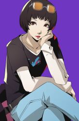 Rule 34 | 1girl, black hair, black shirt, blazpu, blue pants, blunt bangs, brown eyes, closed mouth, collarbone, commentary, commission, crossed legs, denim, elbow rest, english commentary, eyewear on head, feet out of frame, hand on own cheek, hand on own face, head rest, highres, jeans, long sleeves, looking at viewer, ohya ichiko, pants, persona, persona 5, purple background, red lips, shirt, short hair, sitting, solo, white undershirt