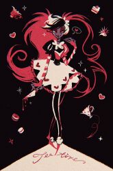 1girl blood bloody_knife citrusgummy colored_sclera demon_girl dress elbow_gloves gloves hazbin_hotel highres knife looking_at_viewer pink_dress pink_hair puffy_short_sleeves puffy_sleeves red_sclera short_sleeves slit_pupils solo twintails velvette_(hazbin_hotel) white_eyes