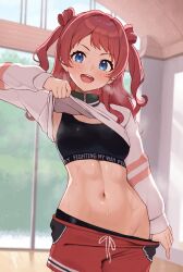 1girl absurdres bike_shorts bike_shorts_under_shorts black_sports_bra blue_eyes breasts clothes_lift clothes_pull commentary_request dance_studio gakuen_idolmaster hair_rings hanami_saki highres hip_bones idolmaster indoors lifting_own_clothes looking_at_viewer medium_breasts midriff navel open_mouth pulling_own_clothes red_hair red_shorts shirt shirt_lift shorts shorts_pull smile solo sports_bra steaming_body stomach sweat teasing teeth toned two_side_up undressing upper_teeth_only wanimaru white_shirt