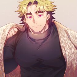 Rule 34 | 1boy, bara, blanket, blonde hair, covered pectorals, earrings, grey background, hagiography, highres, jewelry, loki (housamo), looking at viewer, male focus, pectorals, solo, sweater, thick eyebrows, thick neck, tokyo houkago summoners, turtleneck