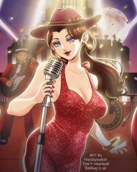1girl bare_arms blue_eyes breasts brown_hair cleavage collarbone dress earrings eyeshadow fedora floating_earrings gold_earrings halter_dress halterneck hat highres jewelry long_hair makeup mario_(series) nintendo pauline_(mario) purple_eyeshadow red_dress red_hat red_lips red_nails smile solo_focus super_mario_odyssey taut_clothes taut_dress theskywaker