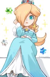 Rule 34 | 1girl, artist name, blonde hair, blue dress, blue eyes, crown, dress, earrings, hair over one eye, highres, jewelry, looking at viewer, mario (series), nintendo, rosalina, sasaki sakiko, sitting, solo, sparkle, star (symbol), star bit, star earrings, super mario galaxy