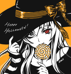 00s 1girl 2007 black_hat candy english_text female_focus food halloween happy_halloween hat limited_palette lollipop one_eye_closed orange_background ribbon rozen_maiden solo suigintou swirl_lollipop wink witch_hat