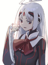 Rule 34 | 1girl, ahoge, bow, dress, forehead jewel, frilled dress, frills, hairband, highres, huge ahoge, long hair, neon trim, ooiwa (irc14786149), open mouth, red eyes, robot ears, solo, under night in-birth, vatista (under night in-birth), very long hair, white hair