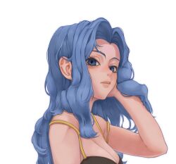 1girl 2049_(hh5566) adjusting_hair arm_at_side armpits bare_shoulders blue_eyes blue_hair breasts cleavage collarbone crop_top elite_four expressionless eyelashes female_focus hair_intakes hand_up highres karen_(pokemon) light_blue_hair lips long_hair looking_at_viewer looking_to_the_side matching_hair/eyes medium_breasts neck nintendo parted_bangs parted_lips pokemon pokemon_hgss shirt sidelocks simple_background sleeveless sleeveless_shirt standing upper_body wavy_hair white_background yellow_shirt