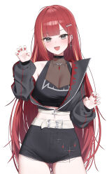 1girl absurdres akane_lize bare_shoulders belt black_eyes black_jacket black_shirt black_shorts blunt_bangs breasts claw_pose cowboy_shot crop_top cropped_jacket cross cross_earrings ear_piercing earrings fangs hair_ornament hairclip hand_up hashtag-only_commentary high-waist_shorts highres jacket jewelry large_breasts long_hair looking_at_viewer midriff mole mole_on_cheek multicolored_hair n4_h4m nail_polish off_shoulder open_mouth piercing red_hair red_nails see-through_cleavage see-through_clothes shirt short_shorts shorts sidelocks simple_background sleeveless sleeveless_shirt smile solo stellive streaked_hair torn_clothes torn_shorts very_long_hair virtual_youtuber white_background