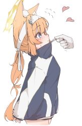 1girl absurdres animal_ear_fluff animal_ears blue_archive blue_eyes blue_jacket commentary cowboy_shot disembodied_hand flower fox_ears from_side hair_flower hair_ornament hairband halo heart highres jacket korean_commentary long_hair long_sleeves mangotonic mari_(blue_archive) mari_(track)_(blue_archive) official_alternate_costume orange_hair profile simple_background sleeves_past_wrists solo_focus sweatdrop track_jacket white_background white_hairband yellow_halo zipping