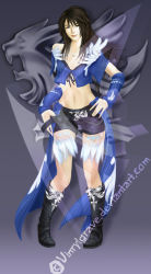 Rule 34 | 1990s (style), black hair, boots, feathers, final fantasy, final fantasy viii, griever, streaked hair, highres, long hair, midriff, multicolored hair, rinoa heartilly, skirt