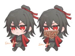 1boy benkebuhui black_hair black_hanfu black_pants black_shoes blush chibi chibi_only chinese_clothes chinese_commentary closed_mouth coat coin coin_mask covered_mouth dao_gui_yi_xian full_body hair_between_eyes hair_bun hair_ribbon half_updo hanfu holed_coin li_huowang long_hair long_sleeves looking_at_viewer male_focus mask mouth_veil multiple_views open_clothes open_coat pants red_coat red_eyes red_ribbon ribbon robe sample_watermark shoes simple_background single_hair_bun v-shaped_eyebrows veil watermark white_background