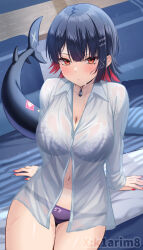 1girl arima_kouichi black_hair blush bra breasts choker cleavage collared_shirt colored_inner_hair ellen_joe fins fish_tail highres large_breasts long_sleeves looking_at_viewer multicolored_hair navel panties pink_hair purple_bra purple_panties red_eyes shark_girl shark_tail shirt short_hair solo tail thighs underwear wet white_shirt zenless_zone_zero