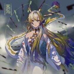 1girl arknights bare_shoulders bead_necklace beads blonde_hair breasts brooch character_name closed_mouth collarbone dragon_girl dragon_horns dragon_tail dress earrings eastern_dragon_horns eastern_dragon_tail green_eyes hair_between_eyes highres horns jewelry long_hair long_sleeves looking_at_viewer medium_breasts necklace off-shoulder_dress off_shoulder pointy_ears shu_(arknights) solo strapless tail thelittleone tube_top white_tube_top wide_sleeves
