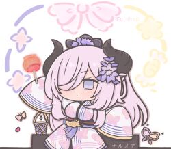1girl animal_print artist_name basket black_horns breasts bug butterfly butterfly_print character_name chibi chibi_only dress flower futaba_(anti_clockwise) granblue_fantasy hair_flower hair_ornament hair_over_one_eye holding_candy_apple horns insect large_breasts long_hair narmaya_(granblue_fantasy) pink_hair purple_eyes purple_flower sleeves_past_fingers sleeves_past_wrists