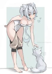 1girl absurdres animal animal_ears aqua_background arctic_fox arm_behind_back artist_name barefoot blush brown_eyes chascoby collarbone eyebrows_hidden_by_hair fox full_body grey_hair hair_between_eyes headpat heart highleg highleg_leotard highres leotard long_hair looking_at_another low_ponytail open_mouth ponytail simple_background small_horns solo standing strapless strapless_leotard thighs very_long_hair white_background white_leotard