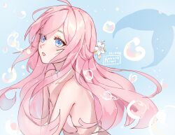1girl air_bubble blue_background blue_eyes bubble dated flower highres kobutanori long_hair nude open_mouth original pink_hair signature solo upper_body very_long_hair white_flower