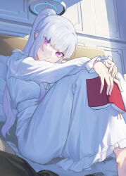 Rule 34 | 1girl, absurdres, blue archive, blunt bangs, book, frilled pajamas, frills, grey hair, halo, highres, holding, holding book, long hair, looking at viewer, mechanical halo, naezy miao, nightgown, noa (blue archive), noa (pajamas) (blue archive), on bed, pajamas, ponytail, purple eyes, skirt, smile, white nightgown, white pajamas, white skirt