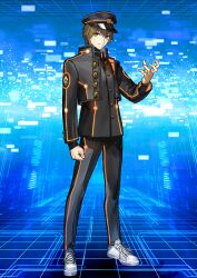 Rule 34 | 1boy, arm at side, black hat, black jacket, black pants, blue background, brown eyes, brown hair, buttons, clenched hand, closed mouth, cropped jacket, fate/grand order, fate (series), full body, gakuran, game cg, hair between eyes, hand up, hat, high collar, jacket, kishinami hakuno (male), kishinami hakuno (male) (mooncancer), layered sleeves, legs apart, long sleeves, looking at viewer, male focus, official art, open clothes, open jacket, pants, peaked cap, popped collar, school uniform, shoelaces, shoes, short hair, smile, sneakers, solo, standing, third-party source, turtleneck, wada arco, white shoes
