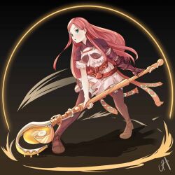 Rule 34 | 1girl, absurdres, armor, belt pouch, blue eyes, brown shoes, brown thighhighs, dress, final fantasy, final fantasy tactics advance, full body, gauntlets, hair ornament, hairpin, highres, holding, holding staff, holding weapon, long hair, looking at viewer, pouch, purple dress, purple hair, ritz malheur, shoes, shoulder pads, signature, simple background, single gauntlet, solo, staff, thighhighs, ueha10, weapon