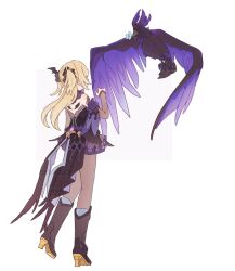 1girl anni_(556_an) bird black_boots black_bridal_gauntlets black_pantyhose blonde_hair blue_flower boots bow bridal_gauntlets coattails colored_shoe_soles crow detached_collar detached_sleeves fischl_(genshin_impact) flower genshin_impact hair_bow hair_ornament hand_up high_heel_boots high_heels highres knee_boots long_hair miniskirt oz_(genshin_impact) pantyhose pleated_skirt purple_skirt simple_background skirt standing two_side_up white_background wing_hair_ornament