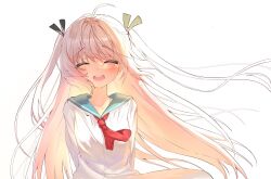 Rule 34 | :d, ahoge, ascot, atri, atri-my dear moments-, blush, closed eyes, dress, highres, looking at viewer, open mouth, red ascot, red eyes, sailor collar, sailor dress, simple background, smile, solo, white dress, white sailor collar, ze ping45283