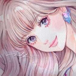 1girl closed_mouth cropped earrings fashion head_tilt jewelry lips long_hair looking_at_viewer makeup naho_graphics original painting_(medium) pink_hair signature smile traditional_media watercolor_(medium)