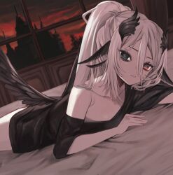1girl artist_request bedroom bird_wings black_eyes black_shirt heterochromia highres indie_virtual_youtuber looking_at_viewer lying nemo_nevermore on_bed on_stomach ponytail red_eyes second-party_source shirt smile t-shirt virtual_youtuber white_hair window wings