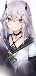 1girl absurdres black_choker black_sailor_collar choker collarbone ear_piercing grey_eyes hair_between_eyes hair_ornament hairpin highres horns indie_virtual_youtuber jacket long_hair long_sleeves looking_at_viewer neonbeat piercing pointy_ears sailor_collar shirt sleeves_past_fingers sleeves_past_wrists solo vei_(vtuber) vei_(vtuber)_(11th_costume) virtual_youtuber white_background white_hair white_shirt