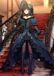 1girl arm_at_side black_boots black_eyes black_hair bob_cut bonnet boots breasts chin_strap closed_mouth dress elbow_gloves fate/grand_order fate_(series) fingerless_gloves full_body game_cg gloves gothic_lolita green_bonnet green_dress green_gloves hand_up high-low_dress indoors koyama_hirokazu kuonji_alice kuonji_alice_(third_ascension) lace lolita_fashion looking_at_viewer official_art pantyhose puffy_short_sleeves puffy_sleeves see-through_clothes see-through_gloves short_hair short_sleeves small_breasts smile solo standing third-party_source