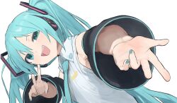 1girl aqua_eyes aqua_hair aqua_nails aqua_necktie black_sleeves commentary detached_sleeves fingernails foreshortening grey_shirt hatsune_miku highres looking_at_viewer necktie open_mouth pocche-ex reaching reaching_towards_viewer shirt simple_background sleeveless sleeveless_shirt smile solo teeth upper_teeth_only vocaloid white_background