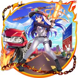 &gt;_o 1girl :3 alternate_costume animal_collar animal_ears black_boots black_hat black_jacket blue_hair blue_sky boots breasts chain closed_mouth clothing_cutout cloud collar covered_navel day fire food fruit full_body game_cg grey_leotard grey_pants hat highres hinanawi_tenshi hinanawi_tenshi_(bunny_bloom_saber_major) holding holding_sword holding_weapon holster inaba_mob_(touhou) jacket leaf leotard long_hair long_sleeves looking_at_viewer meteor motor_vehicle motorcycle official_art one_eye_closed outdoors pants peach pouch rabbit rabbit_ears rabbit_tail red_collar red_eyes road road_sign rotte_(1109) side_cutout sign sky smile solo sword sword_of_hisou tail thigh_holster thigh_pouch thigh_strap third-party_source touhou touhou_lostword transparent_background very_long_hair weapon