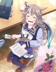 1girl animal_ears bag blush book bookmark cellphone chair closed_eyes commentary_request dated folding_chair grey_hair hair_between_eyes hair_ornament holding_bookmark horse_ears horse_girl horse_tail open_mouth phone pov school_uniform sitting solo tail takuzui thick_eyebrows thighhighs tracen_school_uniform twitter_username umamusume wonder_acute_(umamusume)