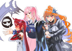 absurdres age_difference aged_down aged_up armor armored_gloves belt bird_hair_ornament blue_hair blue_nails blush breasts collared_shirt couple death-sensei_(mori_calliope) earrings elizabeth_rose_bloodflame feather_earrings feathers fingerless_gloves gloves gradient_hair hair_ornament high-waist_skirt highres hololive hololive_english jewelry large_breasts long_hair long_sleeves mori_calliope mori_calliope_(kawaiiope) mother_and_daughter multicolored_hair multiple_girls official_alternate_costume official_alternate_hair_length official_alternate_hairstyle orange_hair pink_hair pink_skirt ponytail purple_eyes red_eyes scythe set7 shirt skirt smile sweater takanashi_kiara takanashi_kiara_(knight) virtual_youtuber wife_and_wife yuri