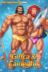 2boys abs alternate_costume animal animal_ears bad_id bad_twitter_id bara barefoot beard black_hair caineghis_(fire_emblem) character_name facial_hair fire_emblem fire_emblem:_path_of_radiance fire_emblem_heroes fish fishing_rod giffca_(fire_emblem) holding holding_animal holding_fish holding_fishing_rod large_pectorals male_focus male_swimwear multiple_boys mustache navel nintendo nipples open_clothes open_shirt paid_reward_available patreon_username pectorals print_male_swimwear red_hair swim_briefs topless_male zelo-lee